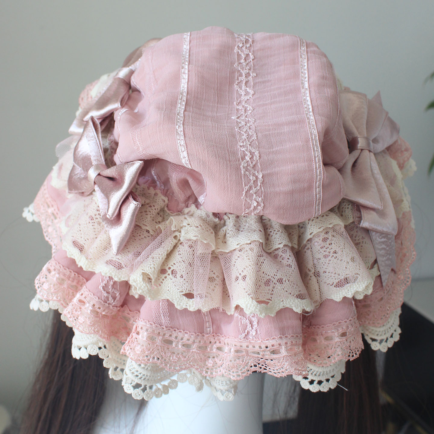 Handmade pillowcase ribbon umbrella hat, Lolita pink multi-layered lace baby hat, doll-like girly heavy-duty gorgeous hat