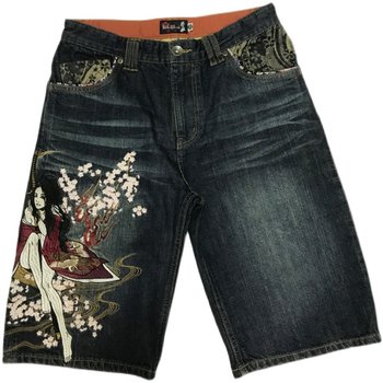 KARAKURI, cherry blossom ແລະ chrysanthemum embroiders ສາມຖົງສັ້ນ denim, ວ່າງ summer