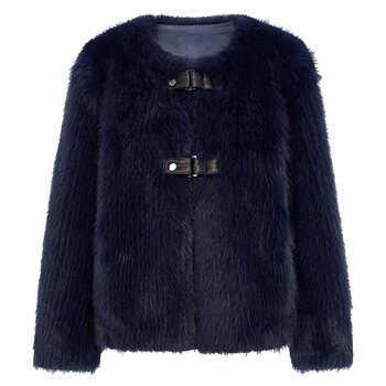 马天奴女装秋冬新款宝石蓝圆领金貂绒外套短款大衣扣袢保暖轻奢