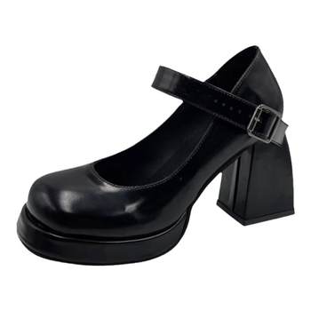 Mary jane french patent leather block heel high heels small leather shoes