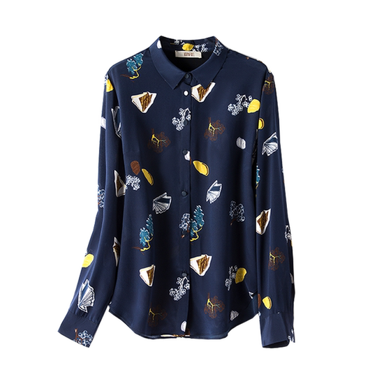 2025秋优雅气质重磅真丝上衣女长袖修身印花翻领桑蚕丝衬衫女衬衣