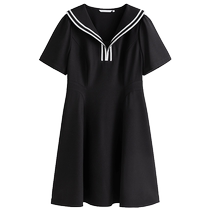 Single bundle large size commuter retro navy collar college style dress for women with summer fat MM right shoulder slim little black dress