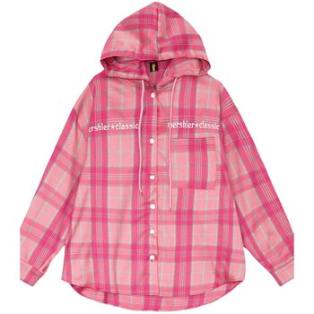 ເສື້ອຍືດແຂນຍາວ Behemoth American retro hooded pink plaid ສໍາລັບຜູ້ຊາຍແລະແມ່ຍິງ, ວ່າງແລະ versatile, ເສື້ອຄູ່ຮັກ trendy