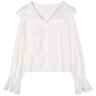 今屿花花 法式白色衬衫女上衣2025新款春秋娃娃领长袖蕾丝镂空