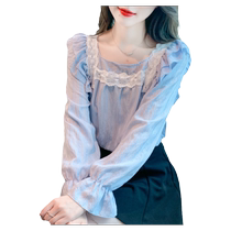 Temperament Reduction Method Style Square Collar Snowspinning Shirt Woman Balloon Flower Early Fall Lace Splicing Small Crowd Bubble Long Sleeve Blouse