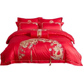Luolai home textile dragon and phoenix wedding eight-piece set big red embroidered bedding cover quilt cover wedding high-end bedding