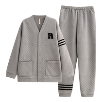 Carrefen pajamas mens air cotton spring and autumn winter models thickened pure cotton long-sleeved home clothes winter quilted sandwich