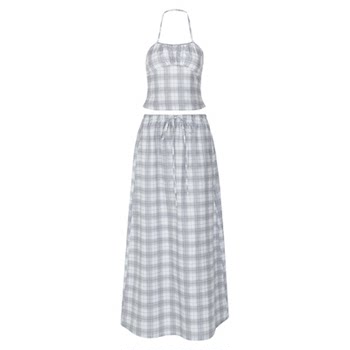 Gusty french street retro hot girl ins style halter neck strap plaid top + long skirt suit summer