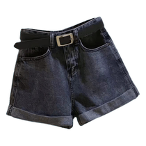 Black and gray curled denim shorts for women summer thin high-waist elastic slimming a-line wide-leg pants versatile hot pants