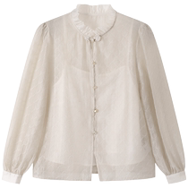 SUSHE clear dusk cloud gauze rhombus dark pattern jacquard small stand collar clear shirt suspender two-piece set for women