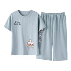 Pyjamas for women summer summer short-sleeved cropped pants pure cotton girls casual loose suit cartoon cute ສາມາດໃສ່ນອກເຮືອນໄດ້