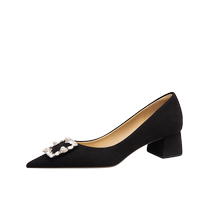 LilyWei black square-heeled temperament single shoes with square buckles and rhinestones elegant one-leg pointed-toe shoes for women small size 3132333