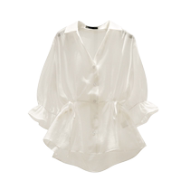 Chiffon shirt short-sleeved womens summer fashionable and versatile waist-length shirt mid-length belly-covering skirt white shirt top