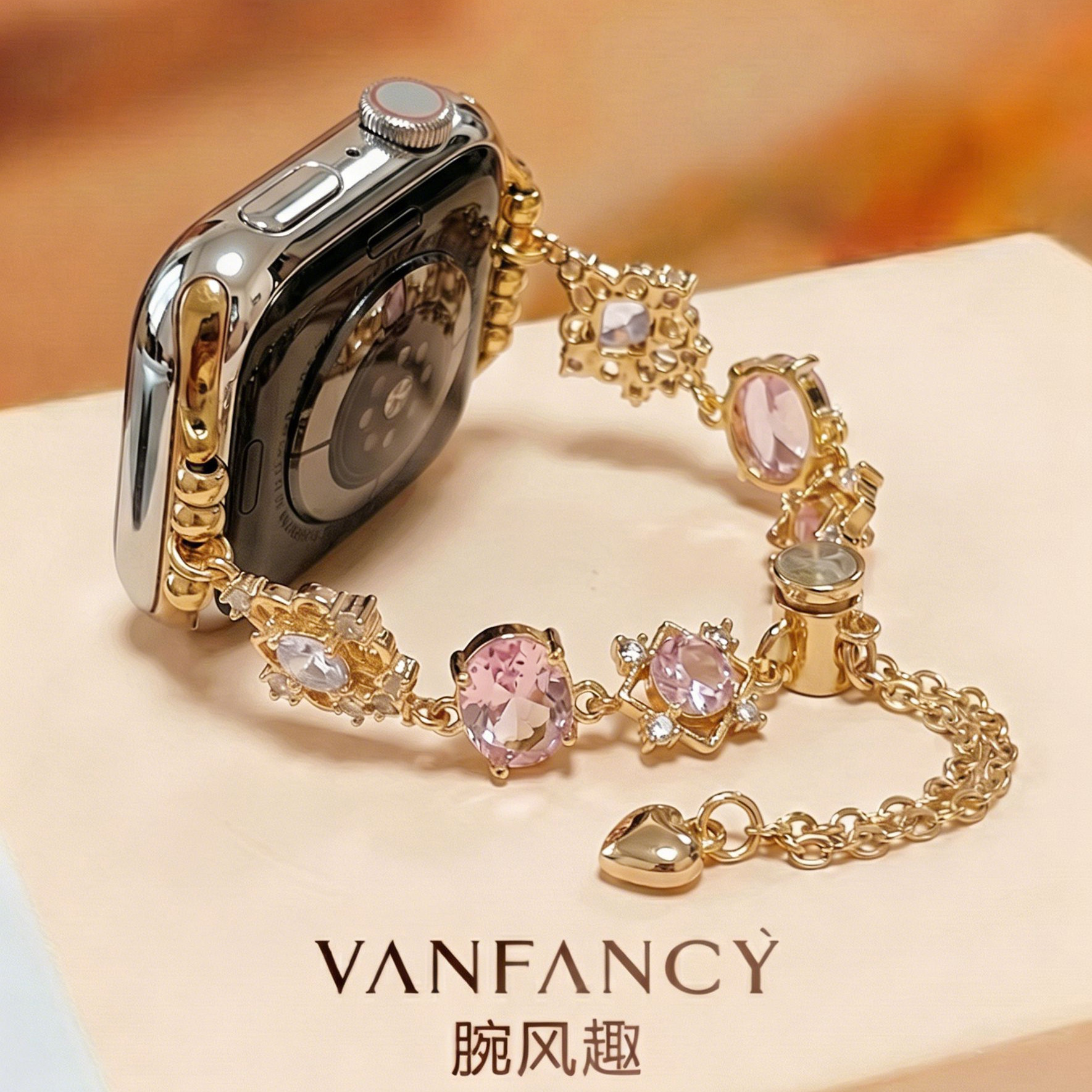 【Rose Gold Openwork Crystal】Suitable for Apple Rococo style pink diamond openwork gold watch straps for iWatches 11th generation, Apple Watch 10, women's watches (S8, S7, S6, S5), summer models, SE 41mm, 45mm Ultra.