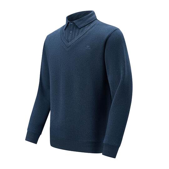 红豆加绒假两件毛衫中老年爸爸保暖打底衫内搭衬衫领针织衫毛衣男