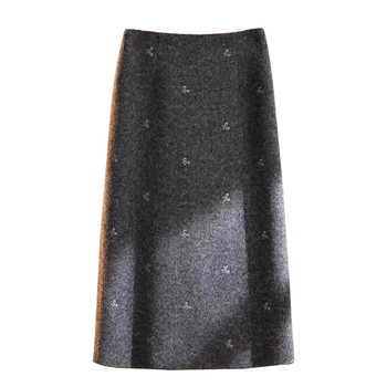 Commuting large size embroidered straight slit mid-length skirt for autumn and winter