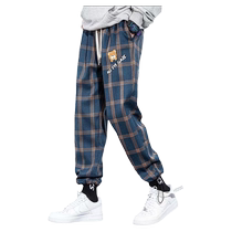 Casual versatile pants 2023 autumn and winter mens bear plaid casual pants loose Korean style street pants