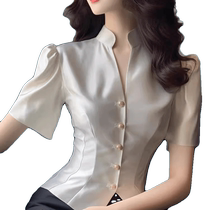 French light luxury stand-up collar short-sleeved shirt for women niche high-end big-name acetate satin waist shirt