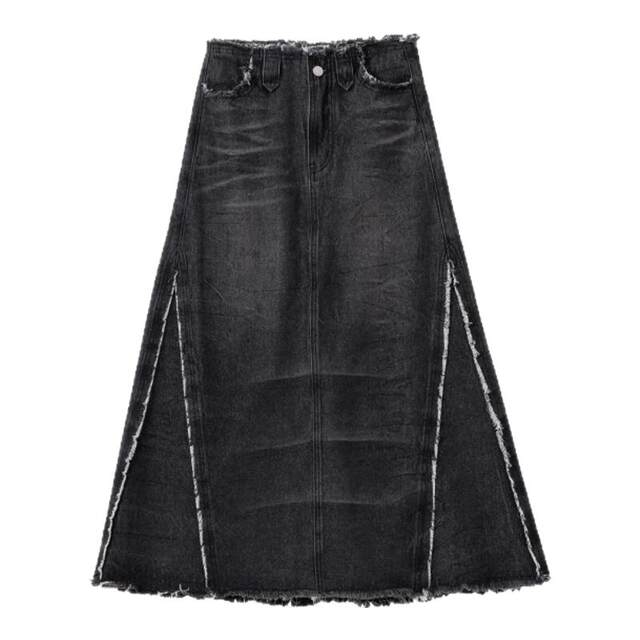 GOST washed spliced ​​raw edge A-line denim long skirt, retro distressed design, high-quality loose and versatile skirt