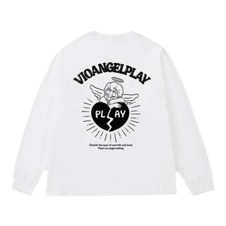 丛林老虎美式天使印花长袖t恤男嘻哈高街纯棉宽松白色打底衫上衣