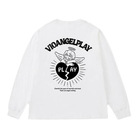 丛林老虎美式天使印花长袖t恤男嘻哈高街纯棉宽松白色打底衫上衣