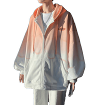 Hooded sweatshirt mens spring and autumn gradient heavyweight loose trendy brand 2024 new casual zipper cardigan jacket jacket