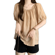 French age-reducing puff-sleeved chiffon shirt for women in summer large size loose belly-covering slimming babydoll short-sleeved top