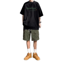 Black short-sleeved T-shirt for men summer 2024 new pure cotton heavyweight trendy brand loose half-sleeved T-shirt outfit set