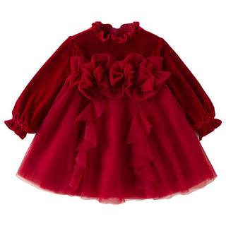 戴维贝拉女童丝绒连衣裙冬装儿童新年红色公主裙周岁女宝礼服裙子