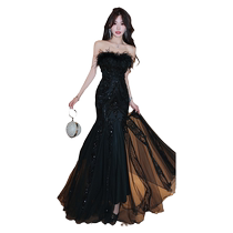Tubeless evening dress for women black ostrich feather sequined fishtail gauze skirt heavy industry host banquet wedding art test birthday