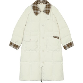 Fairy's Pocket Retro Plaid Color-Block Mid-Length down Jacket for Women 2025 Winter New Oversized Warm Coat