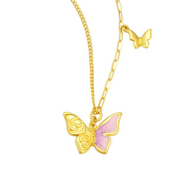 Chow Tai Sang and Monet co-branded | Gold necklace pure gold rose butterfly set chain pendant as a birthday gift for girlfriend
