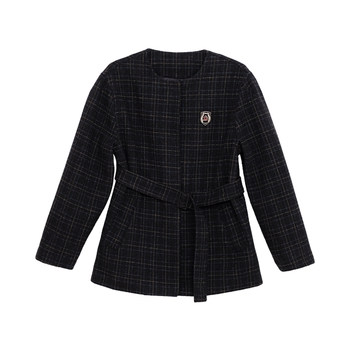 Huanghuangjia retro ເປືອກຫຸ້ມນອກ woolen plaid ສໍາລັບແມ່ຍິງດູໃບໄມ້ລົ່ນແລະລະດູຫນາວ temperament ວິທະຍາໄລແບບໃຫມ່ສາຍແອວສັ້ນ woolen coat