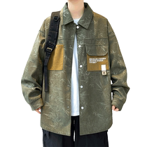 New Chinese style coat for men in autumn new loose casual versatile coat mens bamboo leaf print trendy work jacket