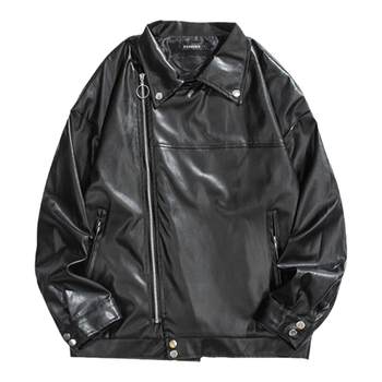 BOYUE silk jump diagonal zipper motor jacket leather jacket American street style handsome personality cityboy jacket Japanese retro