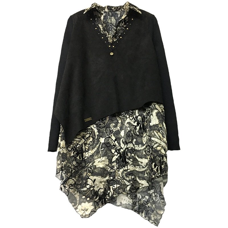 Loose long-sleeved patchwork long-sleeved fake two-piece shirt