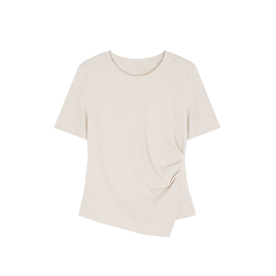 
IHIMI Haimi Fashionable Pleated Short Sleeve T-shirt for Women 2025 New Summer Slim Slim Slit Slit Versatile Top