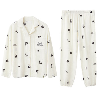 ສີແດງຖົ່ວແດງຂອງແມ່ຍິງ pajamas ພາກຮຽນ spring ແລະດູໃບໄມ້ລົ່ນຝ້າຍບໍລິສຸດ gauze ງາມ panda ຊຸດ trousers ແຂນຍາວສາມາດ worn ເຄື່ອງນຸ່ງຫົ່ມນອກເຮືອນ.