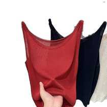 Linen knitted camisole womens design niche large round neck sleeveless inner layering shirt Ancola red top