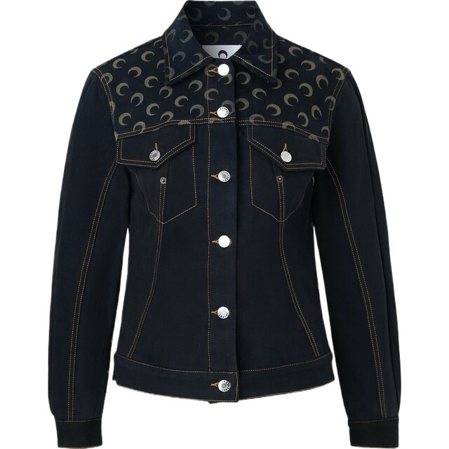 MARINE SERRE Spring and Autumn Women's Black Crescent Print Waist Denim Jacket