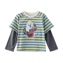 Q21 childrens long-sleeved T-shirt for boys and girls baby antibacterial cartoon spring and summer striped fake two-piece top bottoming shirt