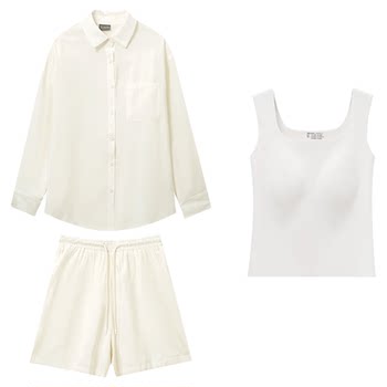 Rarn2026 summer texture light pleated old money style lapel long-sleeved sun protection shirt shorts vest suit for women