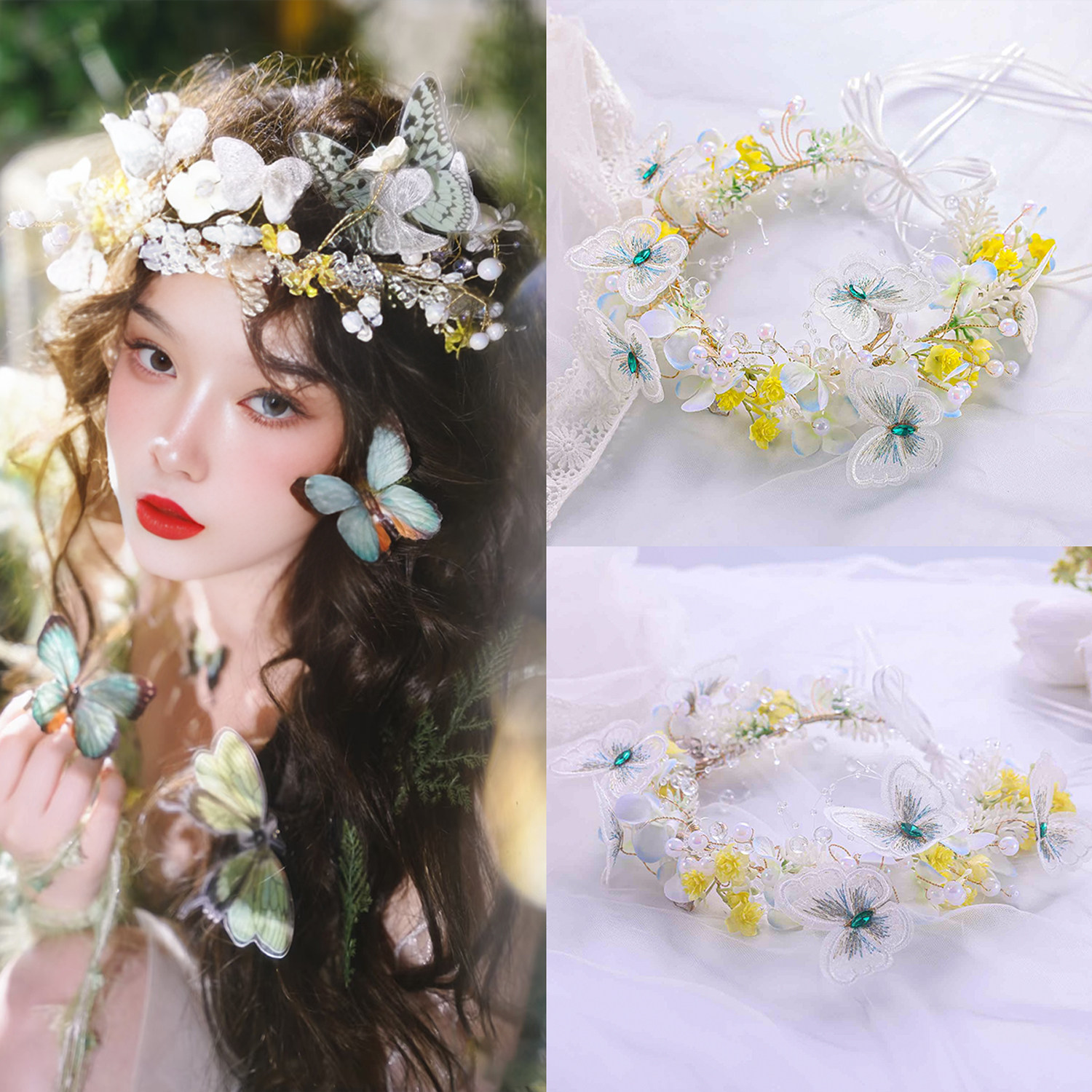Fairy-like butterfly wreath, fairy headband, sweet hairband, forest-style artificial flower headband, princess hair flower, Hanfu hair accessory for women.