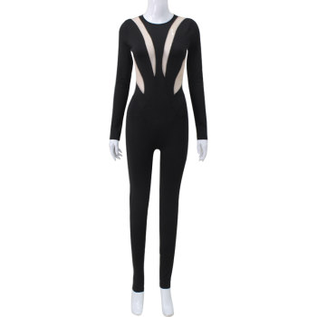 European and American Style Sexy See-Through Mesh Patchwork Long-Sleeve Slim-Fit Black High-Waisted Jumpsuit Versatile Casual Pants for Women