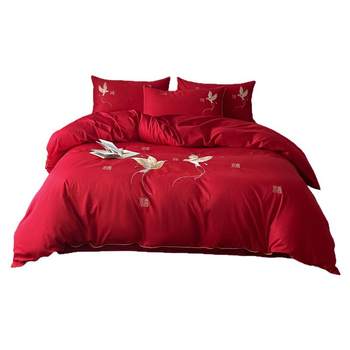 Simple wedding four-piece set red double wedding embroidery quilt cover