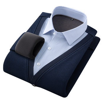Autumn and winter holiday two-piece warm shirt men's velvet thickened sweater blue collar pullover shirt young and middle-aged business sweater Autumn and winter holiday two-piece warm shirt men's velvet thickened sweater blue collar pullover shirt young and middle-aged business sweater