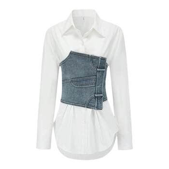ຄົນອັບເດດ: ຂອງແມ່ຍິງ retro trendy denim casual denim belted patchwork ເສື້ອຍືດແຂນຍາວກະທັດຮັດ