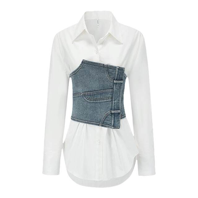 ເສື້ອຍືດ denim ຂອງແມ່ຍິງ deepmoss patchwork