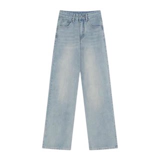 浅色直筒牛仔裤女秋冬加绒加厚大码胖mm宽松显瘦梨形身材阔腿裤子