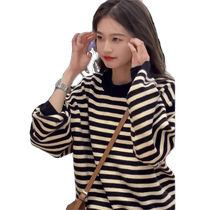 American retro black and white striped loose sweatshirt for women spring and autumn new style age-reducing versatile long-sleeved round neck top